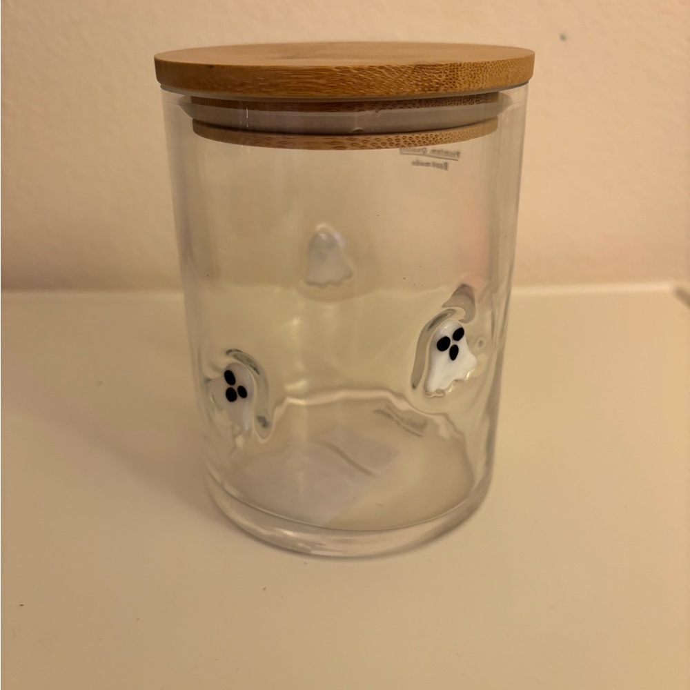 Handmade Glass Jar with Ghosts and Wood Lid, Fairy Lights Included, NEW with Tag